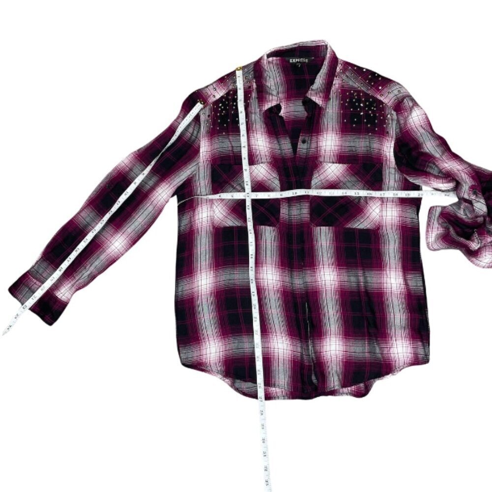 Express Burgundy Gray Plaid Flannel Roll Tab Studded Shoulder Button Down Shirt - Picture 6 of 7